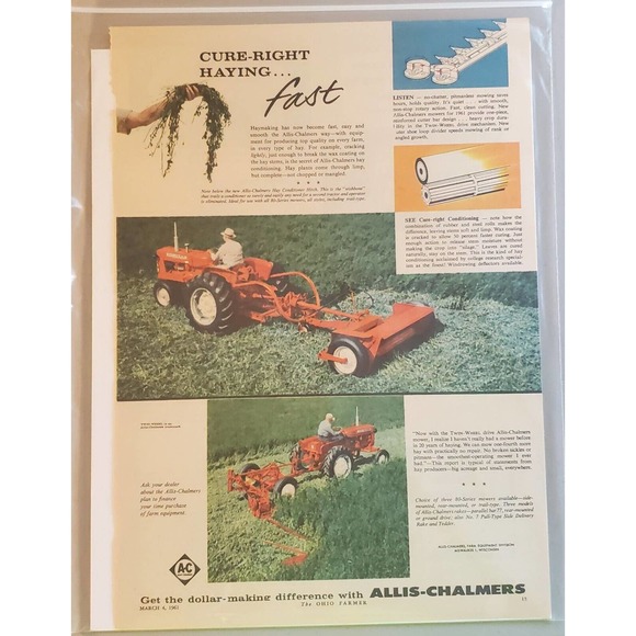Vintage Allis Chalmers Hay Mowers Magazine Advertisement 1961 - Picture 1 of 2